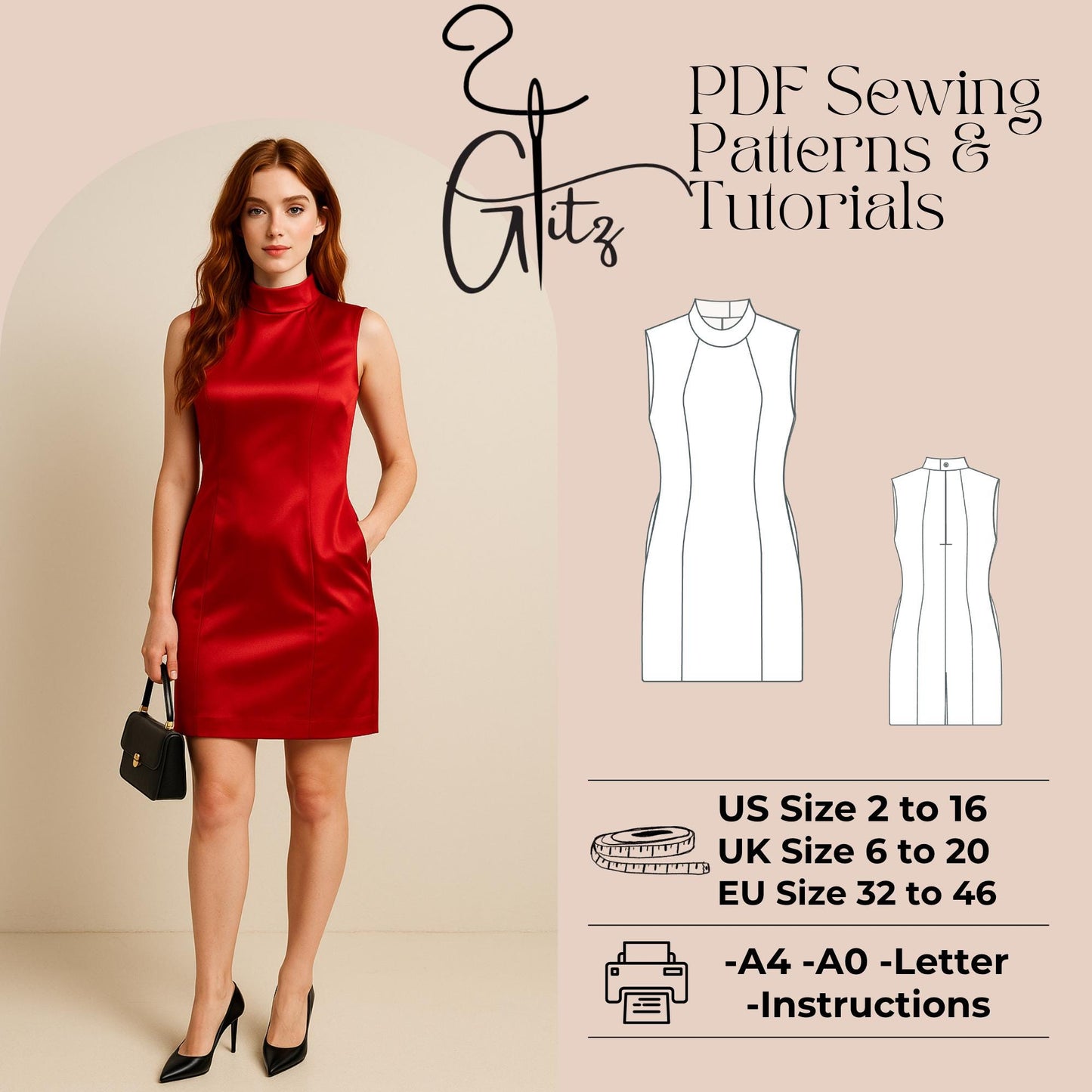 Women Office Dress Sewing Pattern Formal Event Dress Mini Dress Pattern