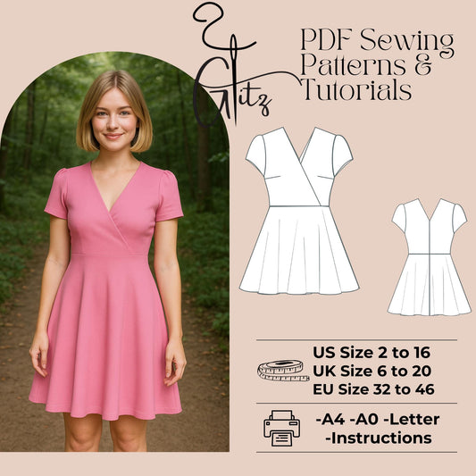 Wrap Bodice Knit Dress Sewing Pattern | Digital PDF | Short Sleeve Fit and Flare Mini Dress Surplice Neck Cottagecore Dress Summer Dress