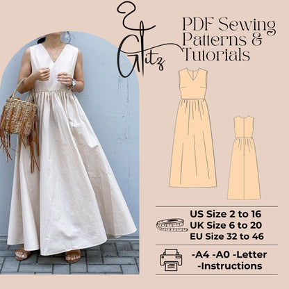 Long Linen Summer Dress Sewing Pattern V Neck Gathered Dress Pattern Boho Dress