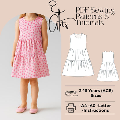 Girls Gathered Summer Dress Sewing Pattern Ruffle Dress for Kids Tried Dress Pattern
