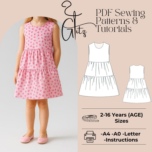 Girls Gathered Summer Dress Sewing Pattern Ruffle Dress for Kids Tried Dress Pattern