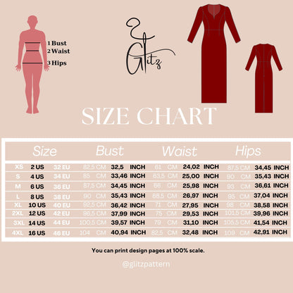 Structured Evening Dress Sewing Pattern | Digital PDF | Long Sleeve Fitted Gown with Princess Seams, Sweetheart Neckline Pattern