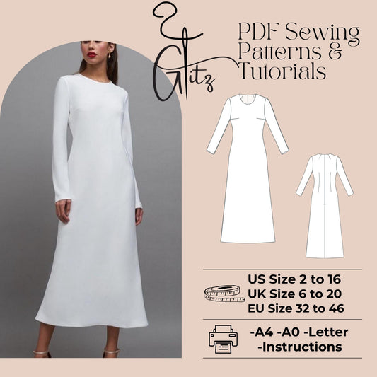 Modest Dress Long Sleeve A Line Basic Dress Sewing Pattern Easy Sewing Pattern Women Dress Pattern