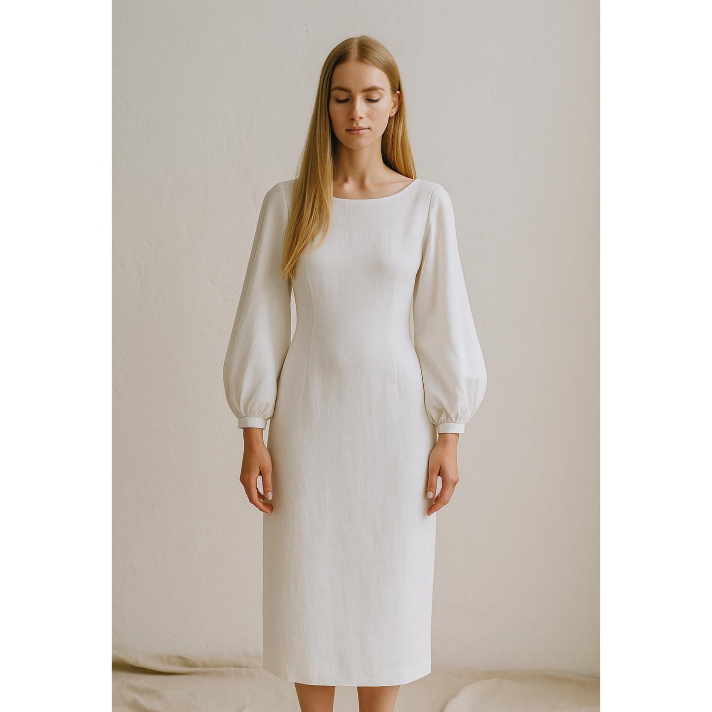 Midi Linen Dress Sewing Pattern Puff Sleeve Pencil Dress Pattern