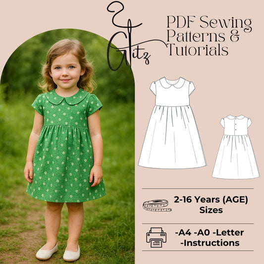 Peter Pan Collar Dress Sewing Pattern Girls Gathered Summer Dress Pattern Flower Dress Girls Cottagecore Dress Kids Dress Pattern 2-16 Y