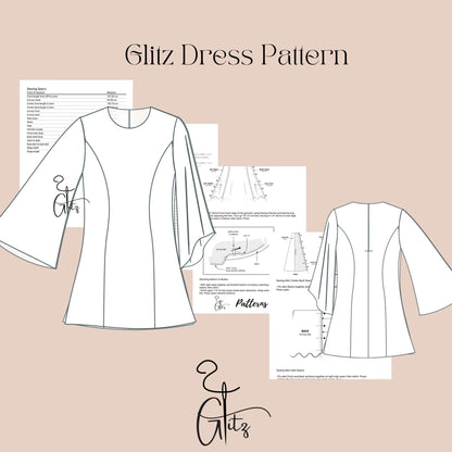 Flared Sleeve Mini Dress Sewing Pattern Mini Evening Cocktail Dress Pattern