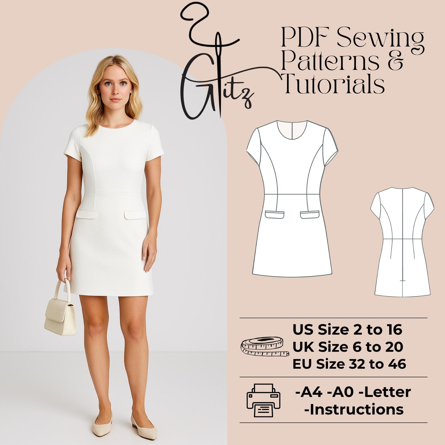 Angela A-Line Mini Dress Pattern Wedding Guest Dress Cocktail Dress Sewing Pattern PDF Digital Sewing Pattern
