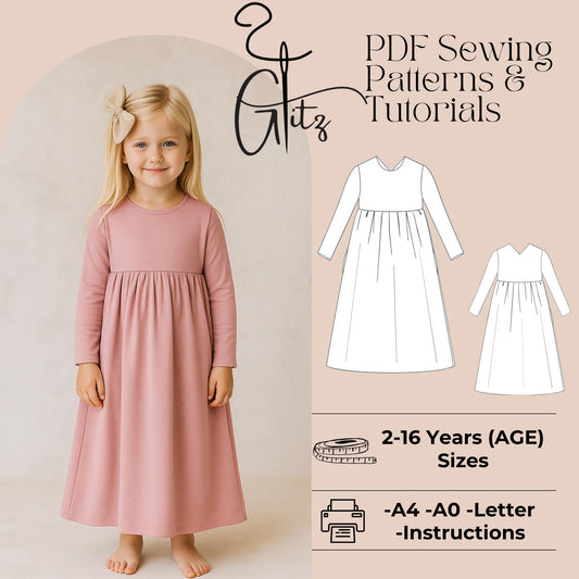 Girls Dress Sewing Pattern Long Sleeve Gathered Cottagecore Dress Pattern Toddler Dress