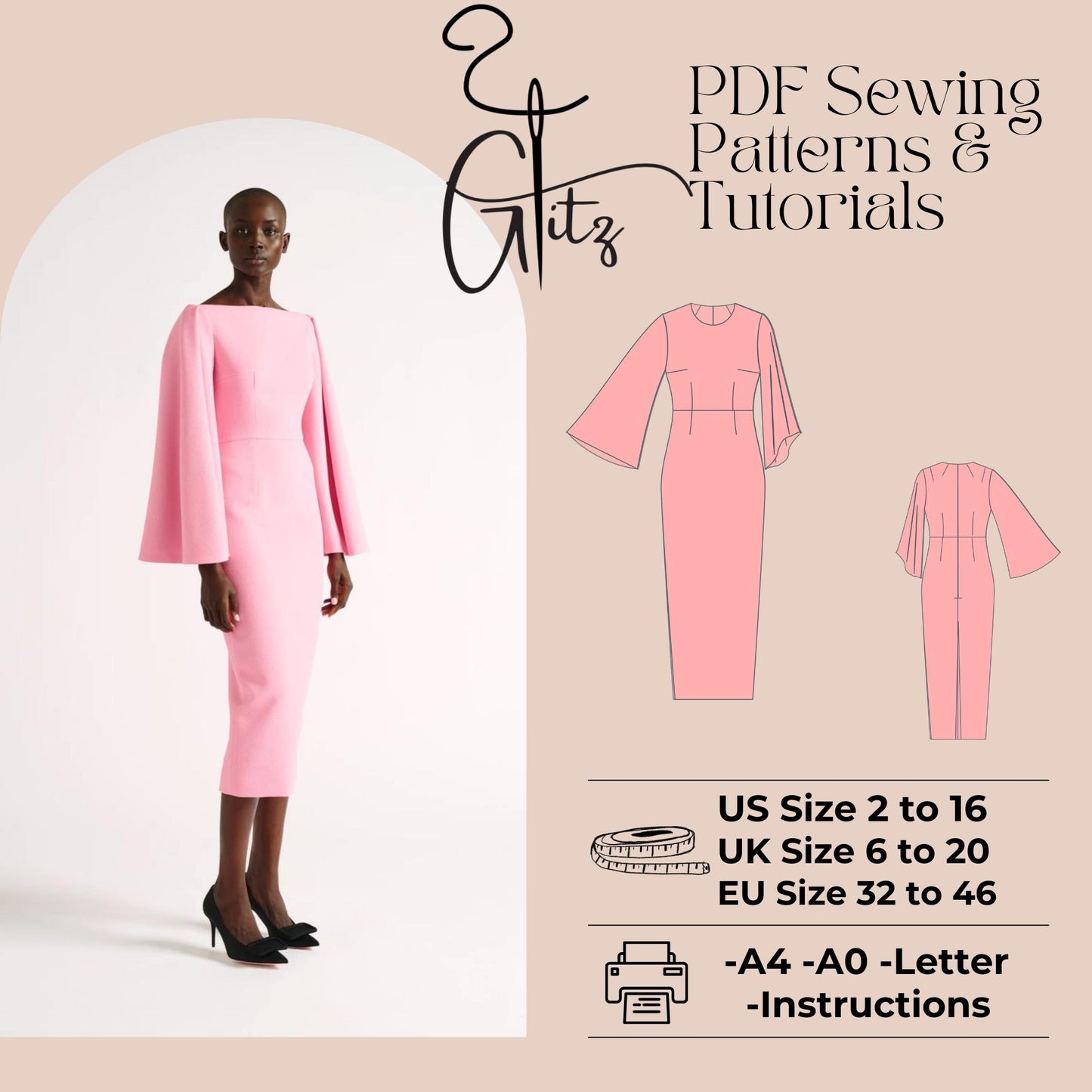 Long Flared Pencil Dress Sewing Pattern Office Dress Business Dress Sewing Pattern PDF