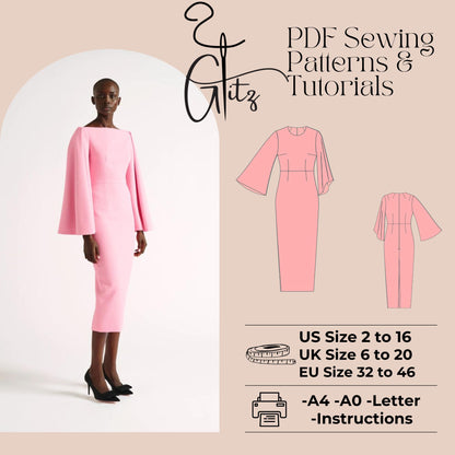 Long Flared Pencil Dress Sewing Pattern Office Dress Business Dress Sewing Pattern PDF