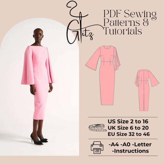 Long Flared Pencil Dress Sewing Pattern Office Dress Business Dress Sewing Pattern PDF