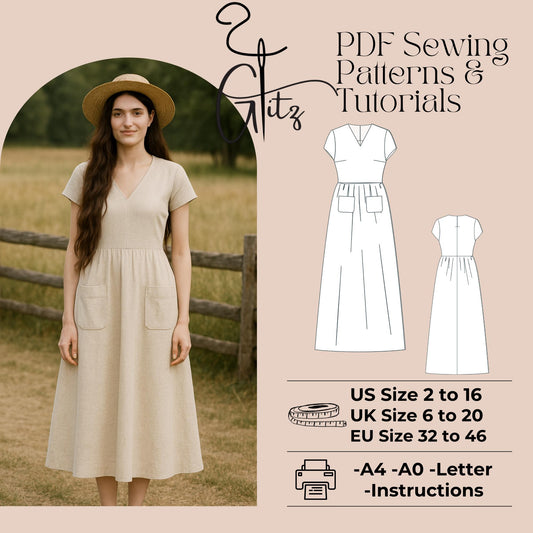 Linen Cottagecore Dress Sewing Pattern Short Sleeve Gathered Dress Pattern Boho Dress