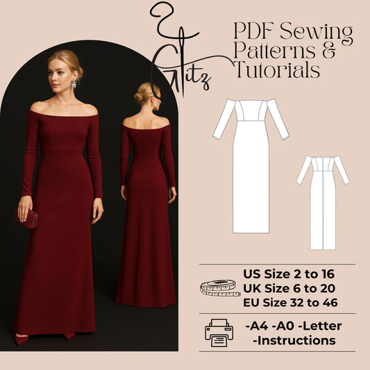 Off Shoulder Long Dress Sewing Pattern Easy Sewing Pattern Strechy Bodycon Evening Dress Pattern