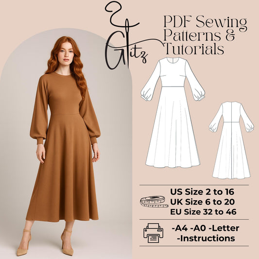 Modest Dress Sewing Pattern Cottagecore Dress Long Puff Sleeve Midi Evening Dress Pattern