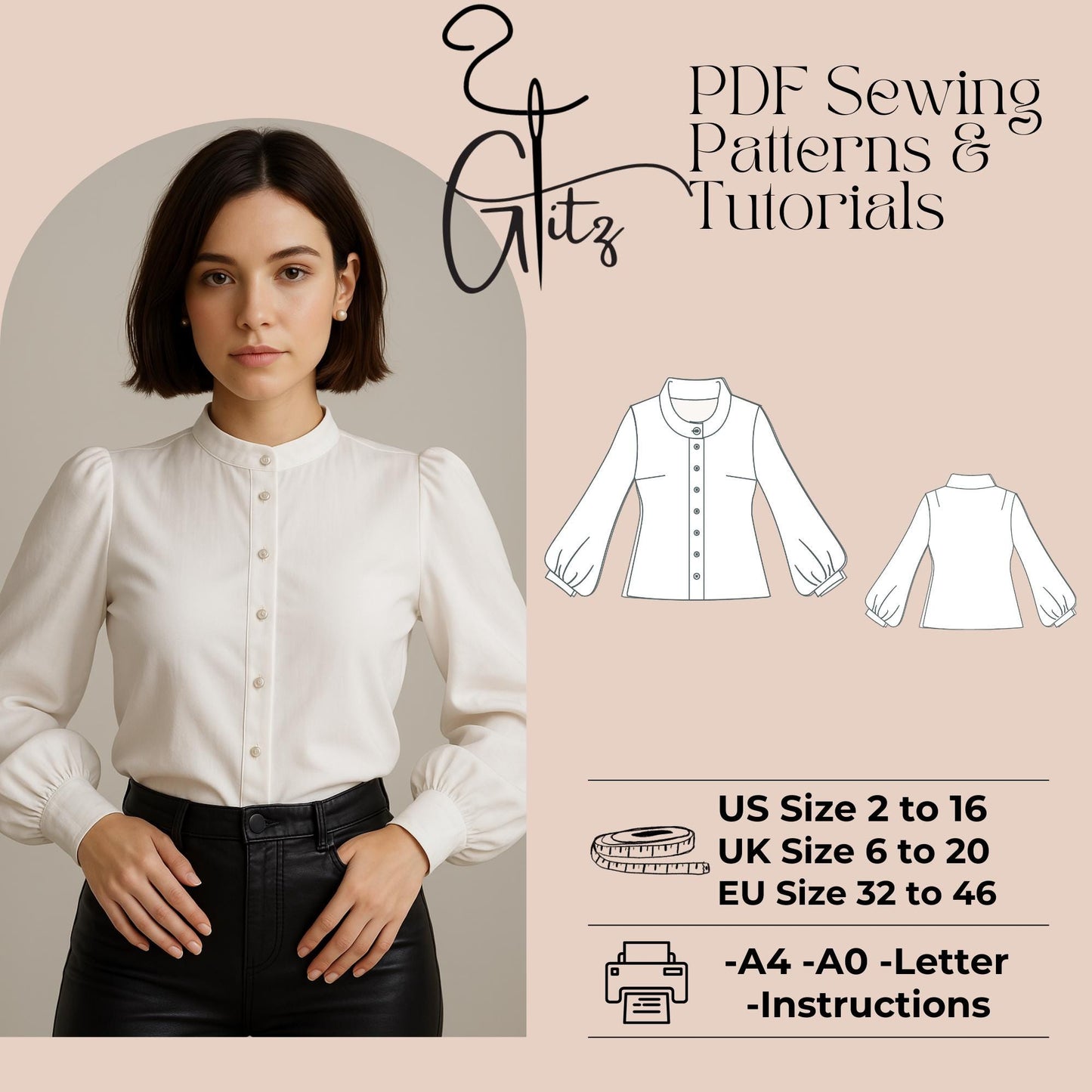 Puff Sleeve Shirt Sewing Pattern Women Shirt Pattern Women Formal Shirt Casual Shirt Long Sleeve Blouse Pattern