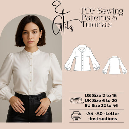 Puff Sleeve Shirt Sewing Pattern Women Shirt Pattern Women Formal Shirt Casual Shirt Long Sleeve Blouse Pattern