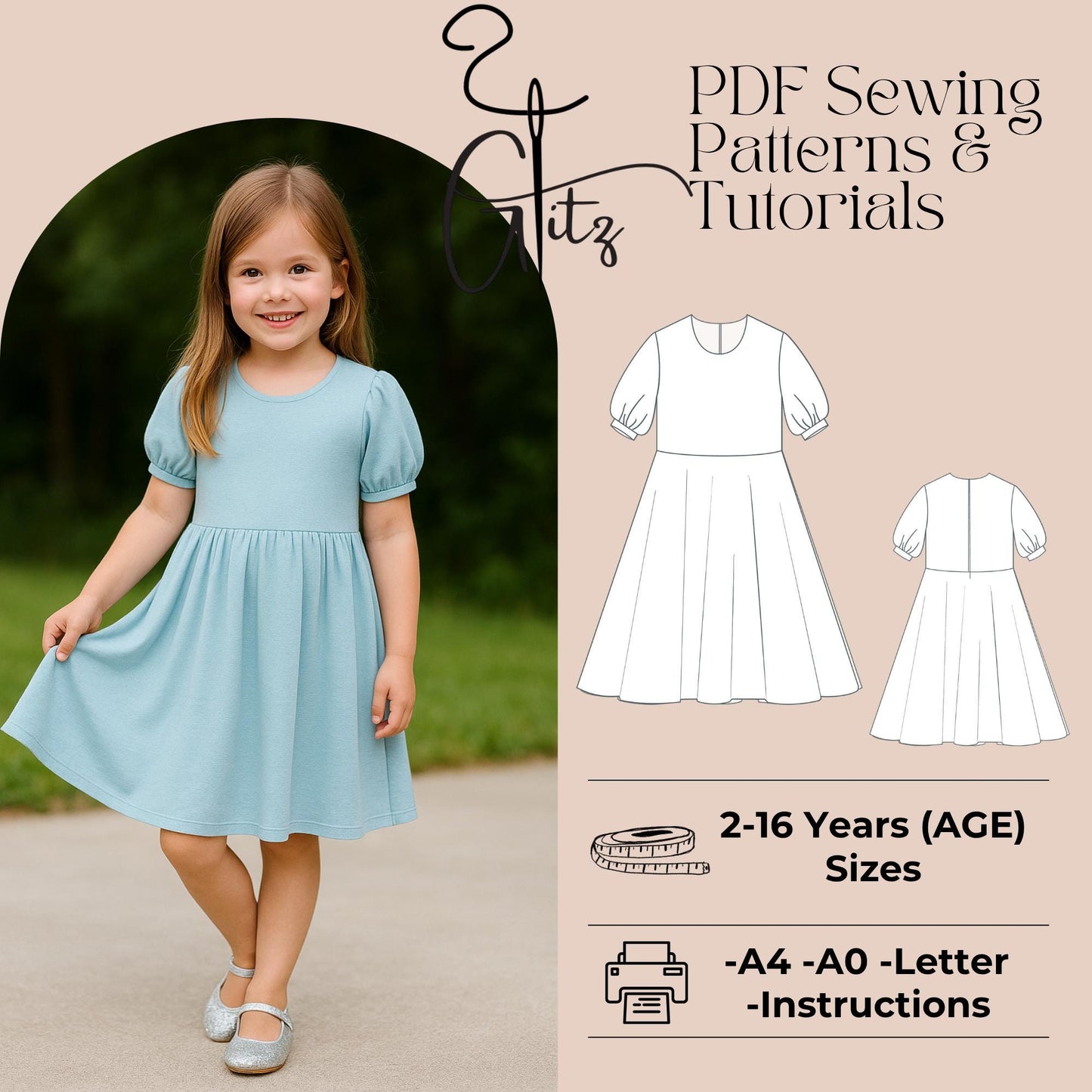 Girls Summer Dress Sewing Pattern Kids Dress Pattern Puff Sleeve Midi Dress Pattern