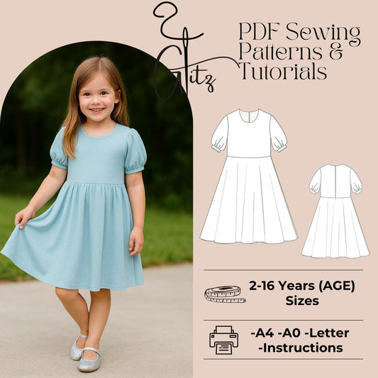 Girls Summer Dress Sewing Pattern Kids Dress Pattern Puff Sleeve Midi Dress Pattern