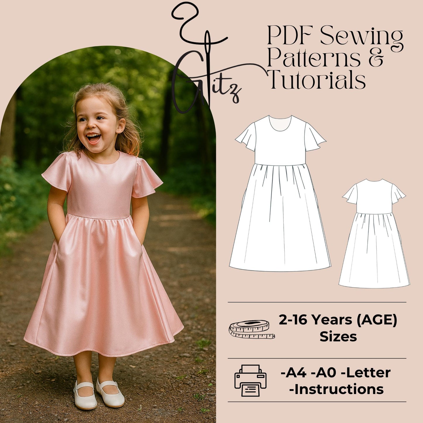 Kids Gathered Dress Sewing Pattern Girl Summer Dress Kids Satin Dress Short Sleeve Dress Pattern