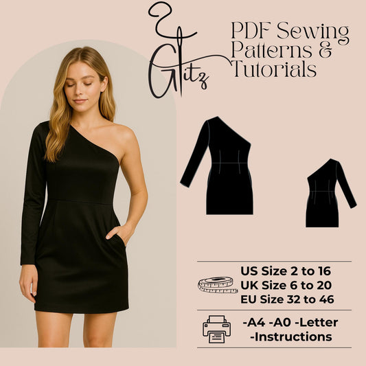 One Shoulder Strech Casual Mini Dress Sewing Pattern PDF Digital Easy Dress Pattern