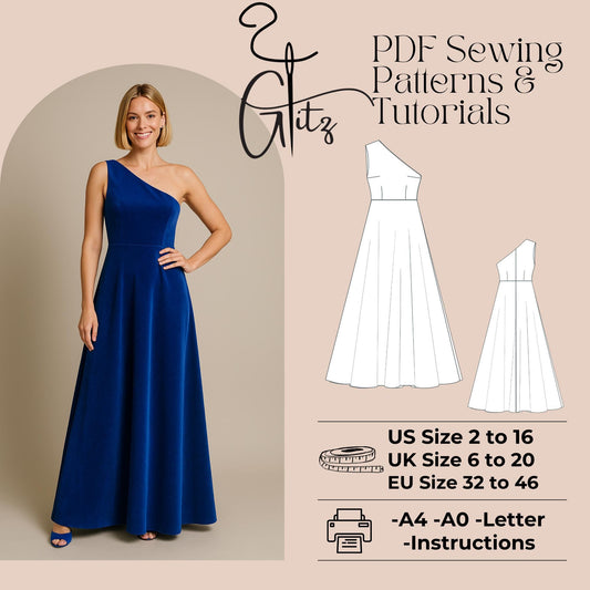 One Shoulder Prom Dress Sewing Pattern Bachelorette Dress Bridesmaid Dress Ball Gown Bridal Gown