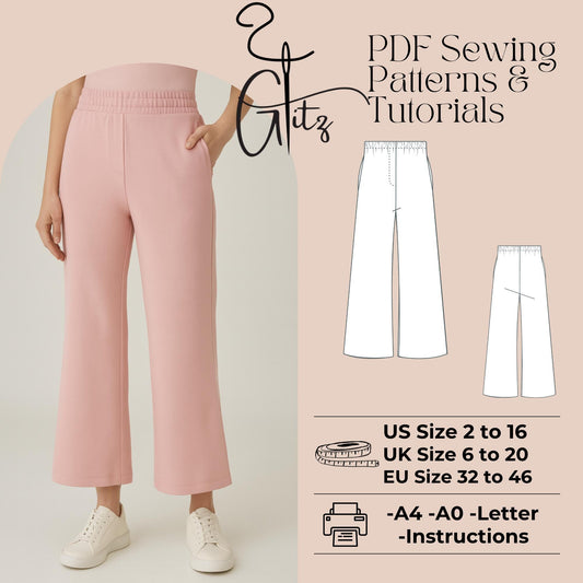 Women's Wide Leg Pants Sewing Pattern PDF | Knit Fabric | Elastic Waist & In-Seam Pockets | Faux Fly | A4 A0 Letter Files