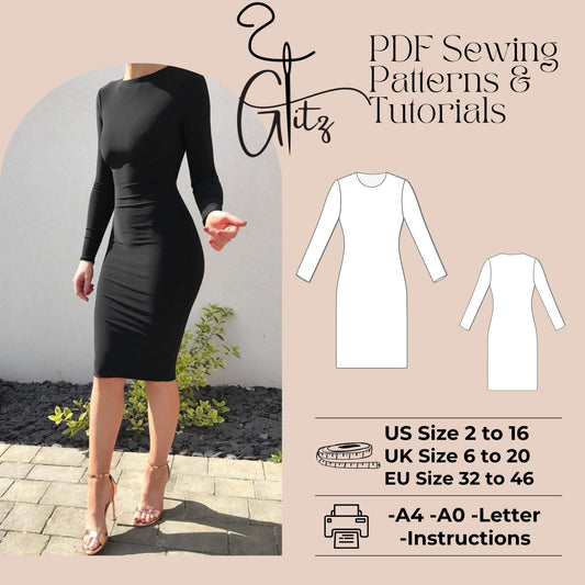 Long Sleeve Bodycon Dress Sewing Pattern Strechy Dress Pattern Easy Sewing Pattern Basic Dress Casual Dress