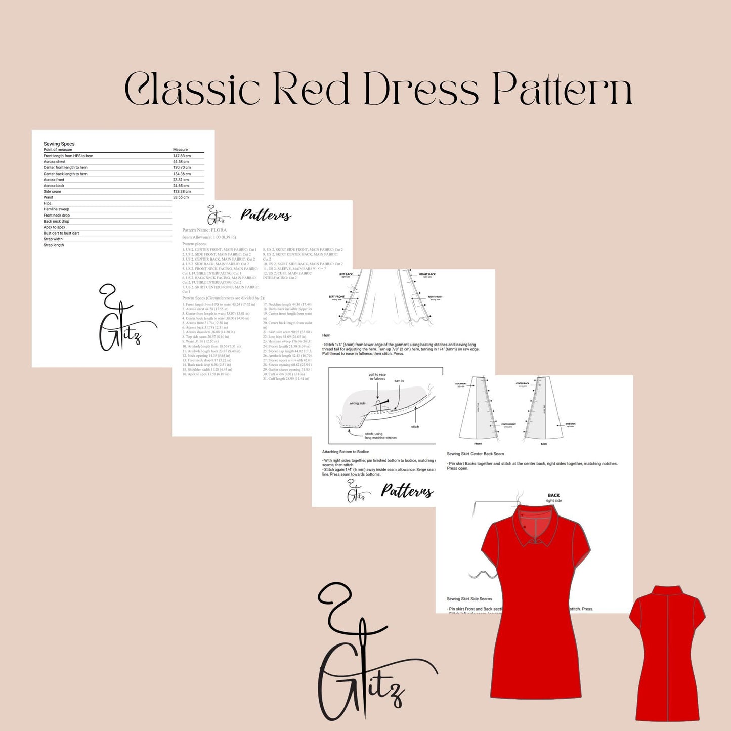 Classic Red Shirt Collar Basic Short Sleeve Dress Digital Pattern Basic Mini Dress Pattern PDF Digital Sewing Pattern