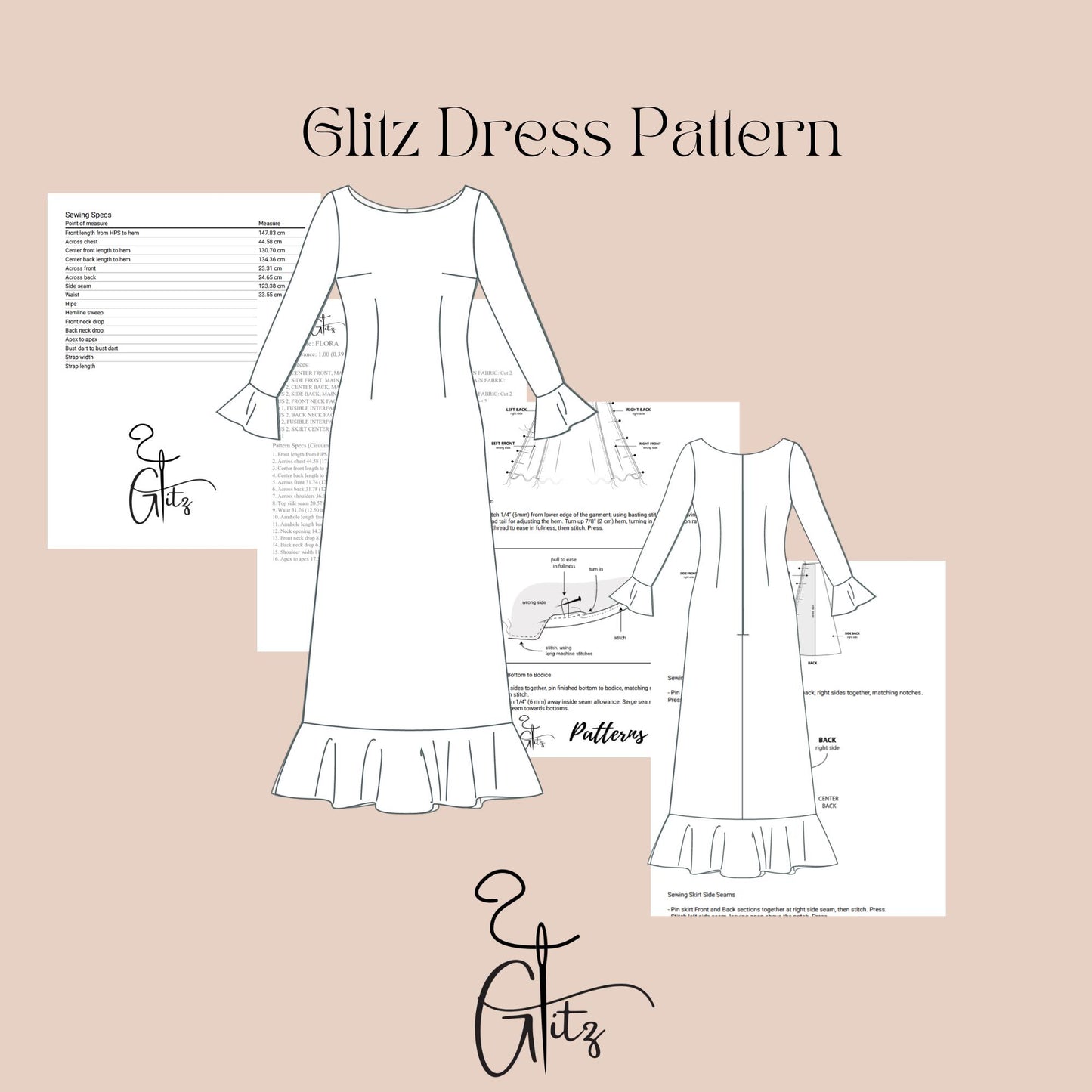 Long Sleeve Gown Sewing Pattern – Flared Cuff & Hem, Princess Seams Modest Dress Pattern Long Evening Dress Elegant Dress