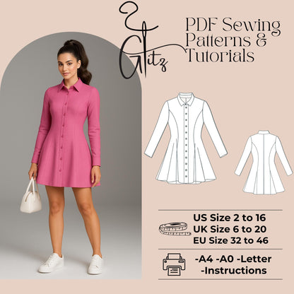 Long Sleeve Shirt Dress Sewing Pattern Flared Mini Shirt Dress with Buttons