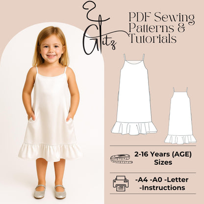 Girls Dress Sewing Pattern Kids Dress Pattern Straps Neck Summe Dress Flounce Dress Easy Sewing Pattern 2-16 Y