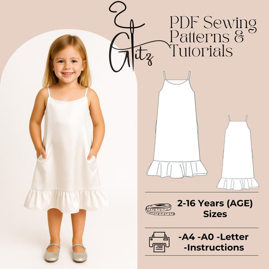 Girls Dress Sewing Pattern Kids Dress Pattern Straps Neck Summe Dress Flounce Dress Easy Sewing Pattern 2-16 Y