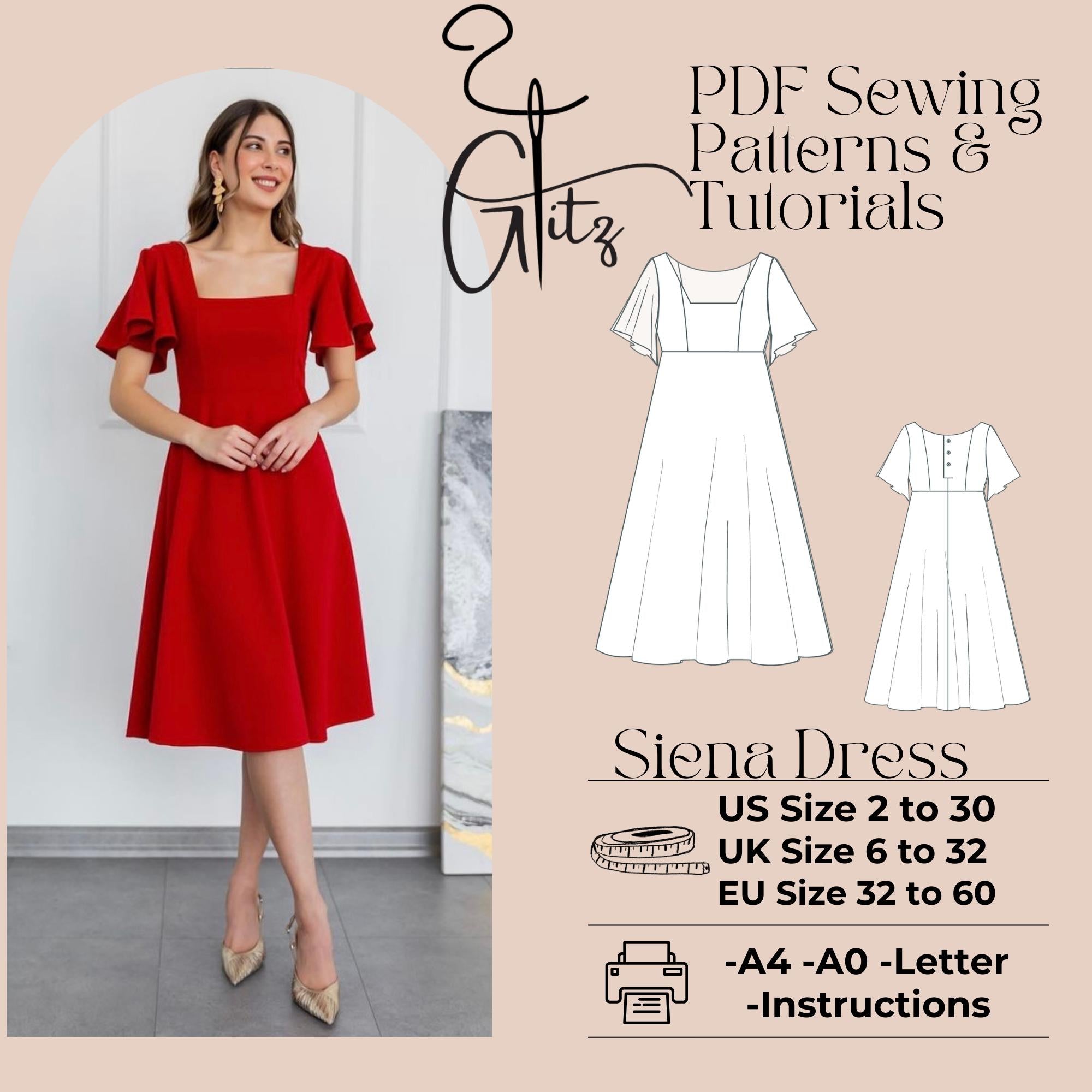 Siena Midi Dress Pattern Evening Gown Sewing Pattern, Cocktail Dress,A ...