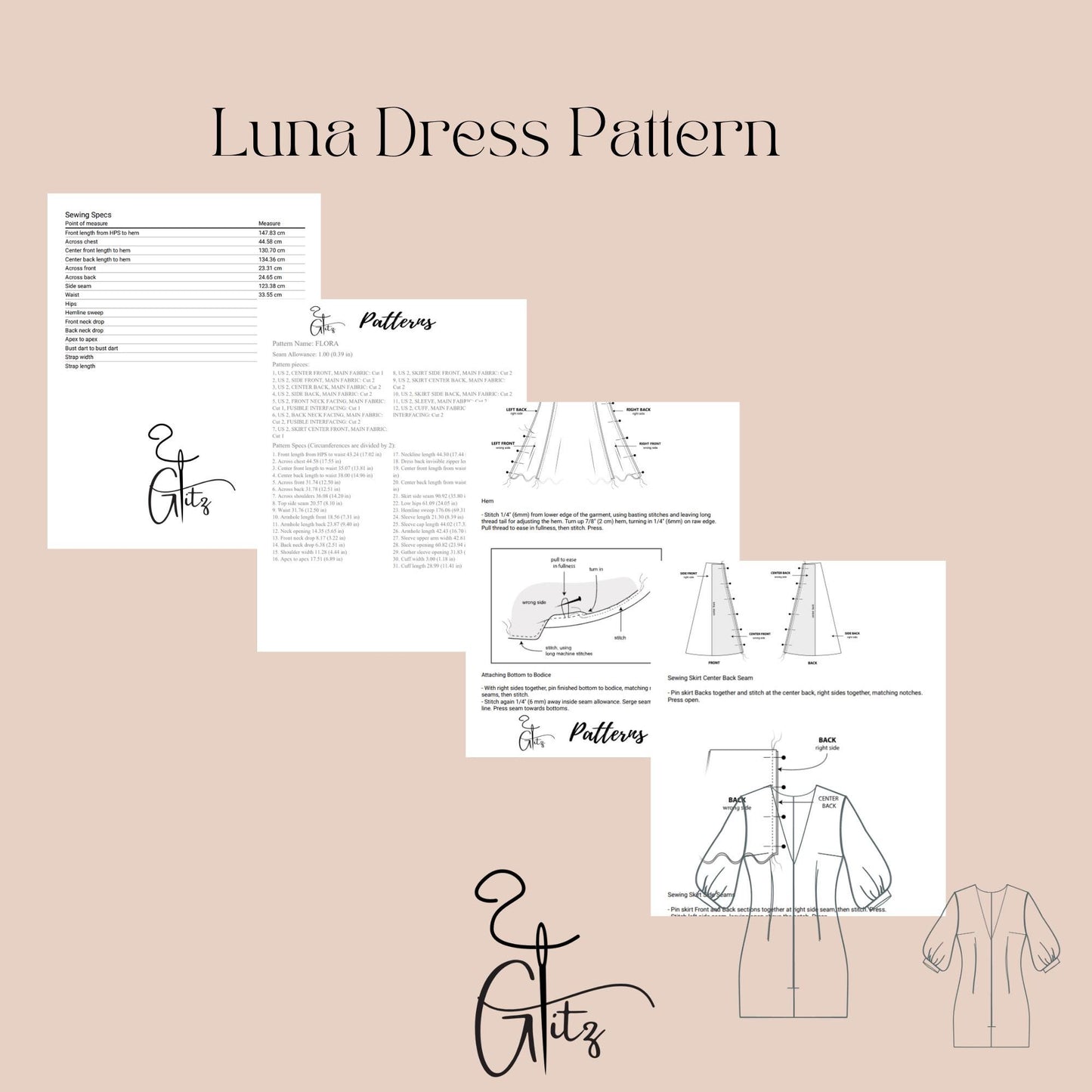 Luna Puff Sleeve Deep V Neck Mini Dress Sewing Pattern PDF Digital Pattern