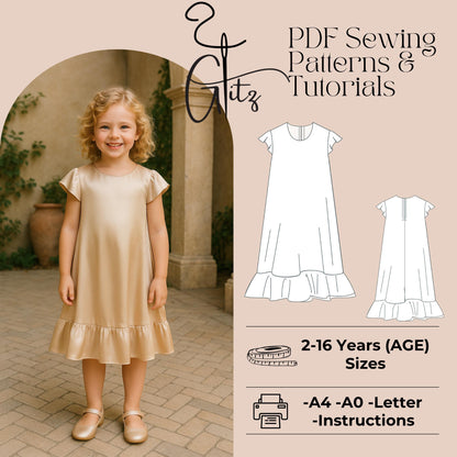 Girls Bridesmaid Dress Sewing Pattern Girls Evening Dress Pattern Kids Tent Dress Flounce Dress