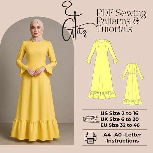 Modest Dress Sewing Pattern Hijab Abaya Robe Kaftan Muslim Dress Pattern Dubai Arab Dress Long Sleeve Long Evening Dress