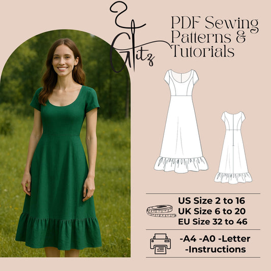 Ruffle Hem Midi Cottagecore Dress Sewing Pattern Wide Collar Short Sleeve Summer Dress Pattern