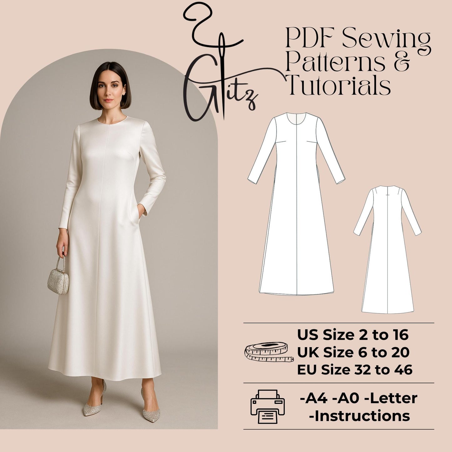 Modest Dress Sewing Pattern Long Evening Dress Long Sleeve Tent Dress Elegant Dress Pattern