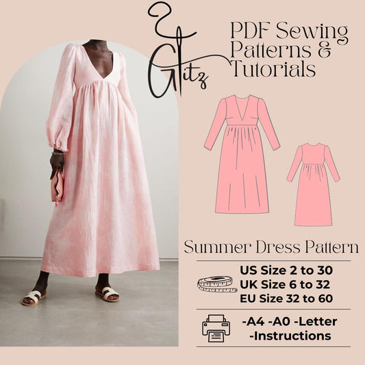 Long Sleeve Deep V Neck Linen Dress Sewing Pattern Cottagore Dress Boho Dress Summer Dress US 2-30 Size