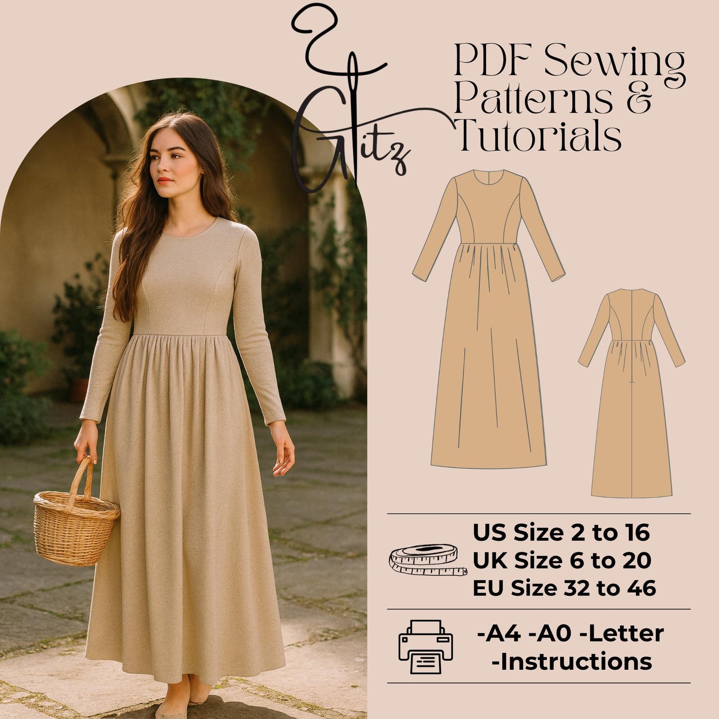 Long Sleeve Gathered Dress Digital Pattern Sewing Pattern Plus Size Pattern for Women