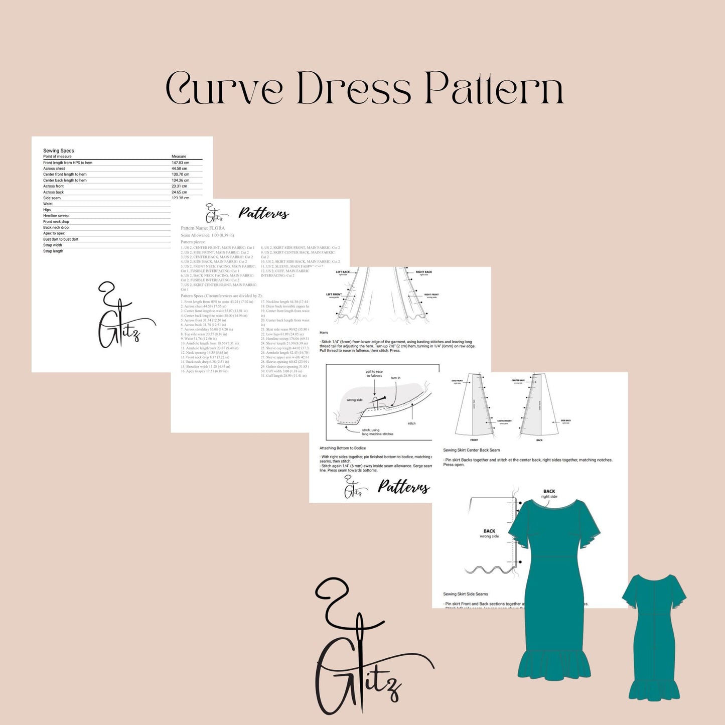 Flared Sleeve Boat Neck Pencil Midi Cocktail Dress Digital Sewing Pattern US 2 - 30 size A0 - A4 - Letter PDF