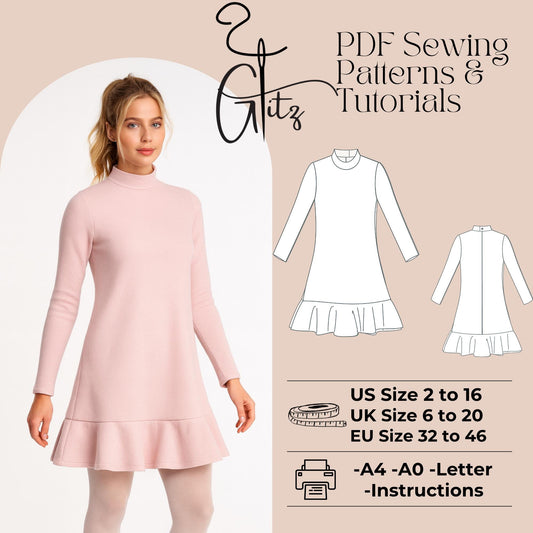 Long Sleeve Mini Dress Sewing Pattern Mini Winter Dress Pattern Flounce Dress Strechy Dress Pattern