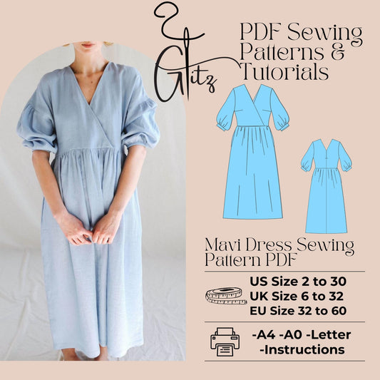 V Neck Puff Sleeve Midi Gathered Cottagecore Victorian Dress Sewing Pattern Boho Dress