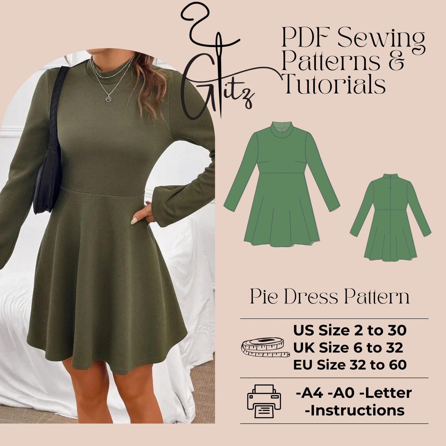 A Line Mini Dress with Long Sleeve and High Neckline Sewing Pattern PDF