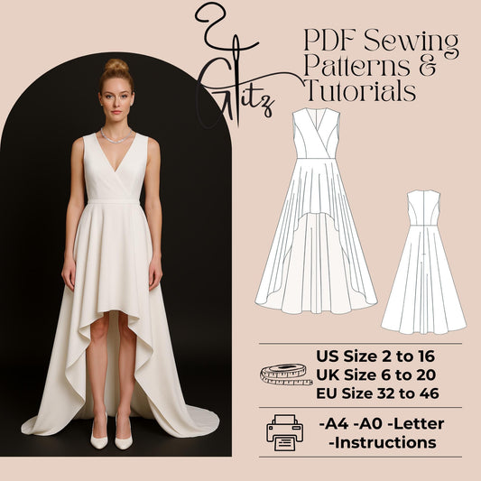 Hi Low Surplice Neck Dress Sewing Pattern Prom Dress Wedding Bridal Gown Wedding Dress Bridesmaid Dress Pattern