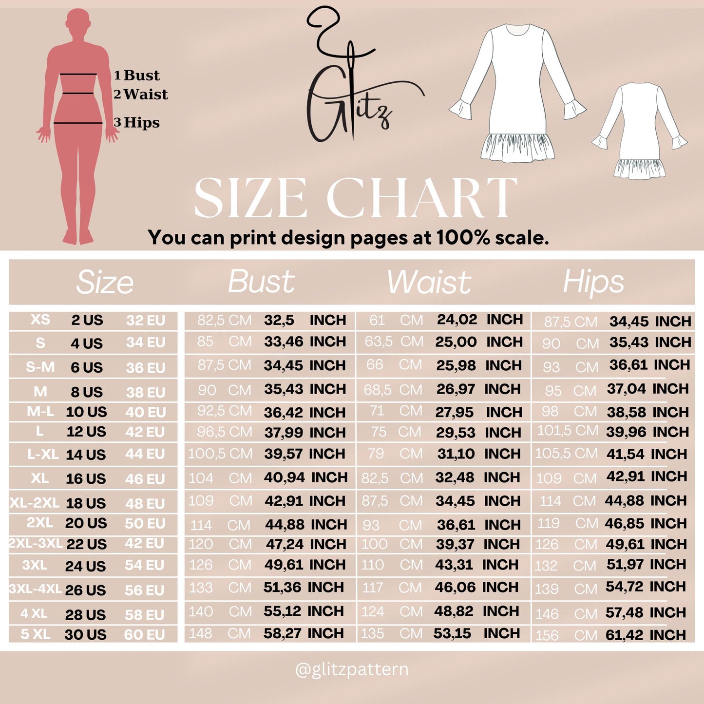 Mini Ruffled Skirt - Long Sleeve Basic Dress Sewing Pattern Digital PDF Pattern US 2 - 30 Size