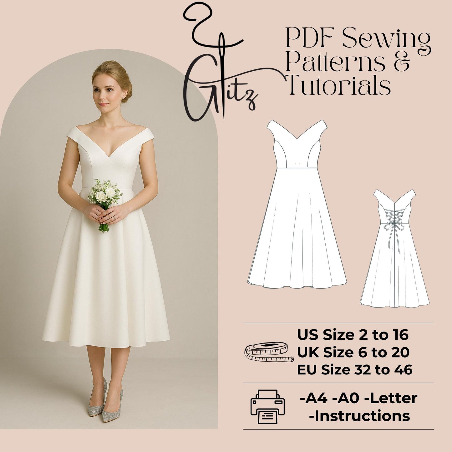 Off Shoulder Midi Bridal Dress Sewing Pattern Wedding Dress Bridal Gown Pattern Midi Evening Dress