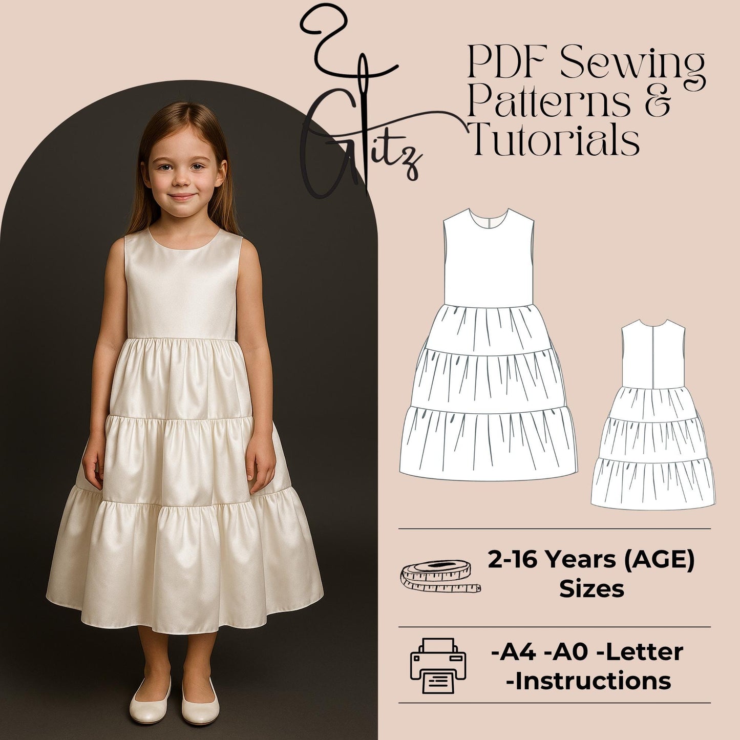 Girls Tiered Dress Sewing Pattern Girls Prom Dress Kids Evening Dress Pattern