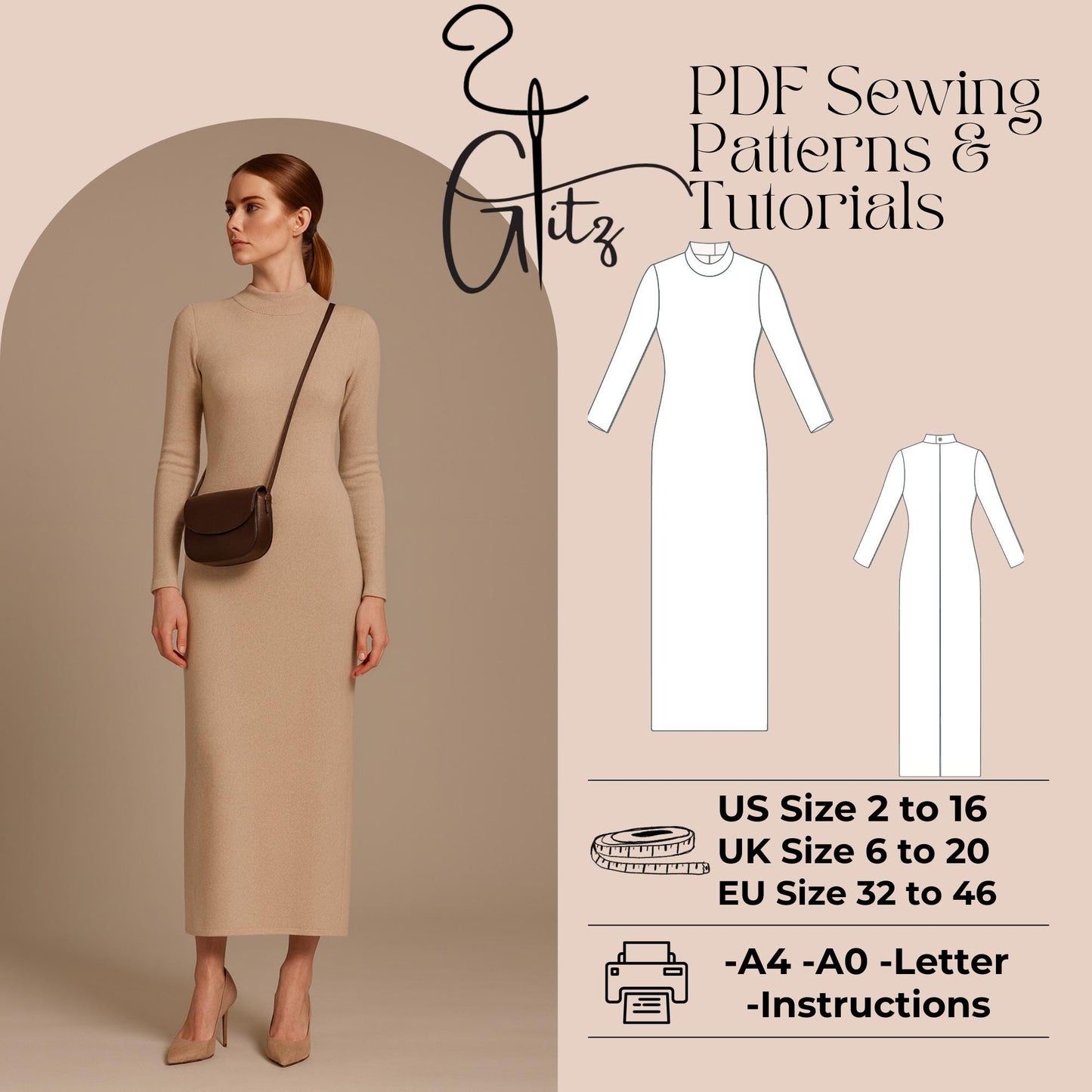Basic Bodycon Dress Sewing Pattern Long Sleeve Casual Dress Pattern Easy Sewing Pattern