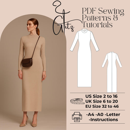 Basic Bodycon Dress Sewing Pattern Long Sleeve Casual Dress Pattern Easy Sewing Pattern